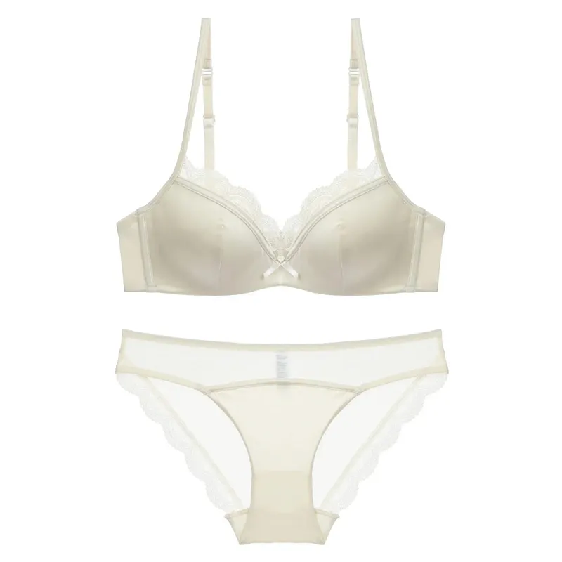 Women's Thin Smooth Satin Bra & Briefs Set Summer Solid Lace Decor Anti Sagging Lingerie Bra Sweet Underwear Suit Нижнее Белье