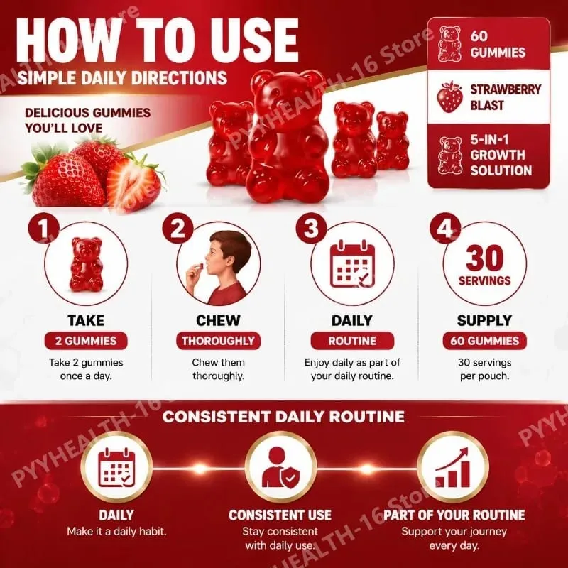 Googeer 5-IN-1 Growth Solution Gummies สำหรับการพัฒนากระดูกและส่วนสูงวิตามิน D3 K2 แคลเซียม Strawberry Blast 60 Gummies