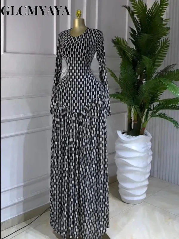 CM.YAYA Women Plaid Round Neckline Long Sleeve Fit and Flare Long Maxi Dress 2025 Even Party Education Vacation Dresses Vestidos