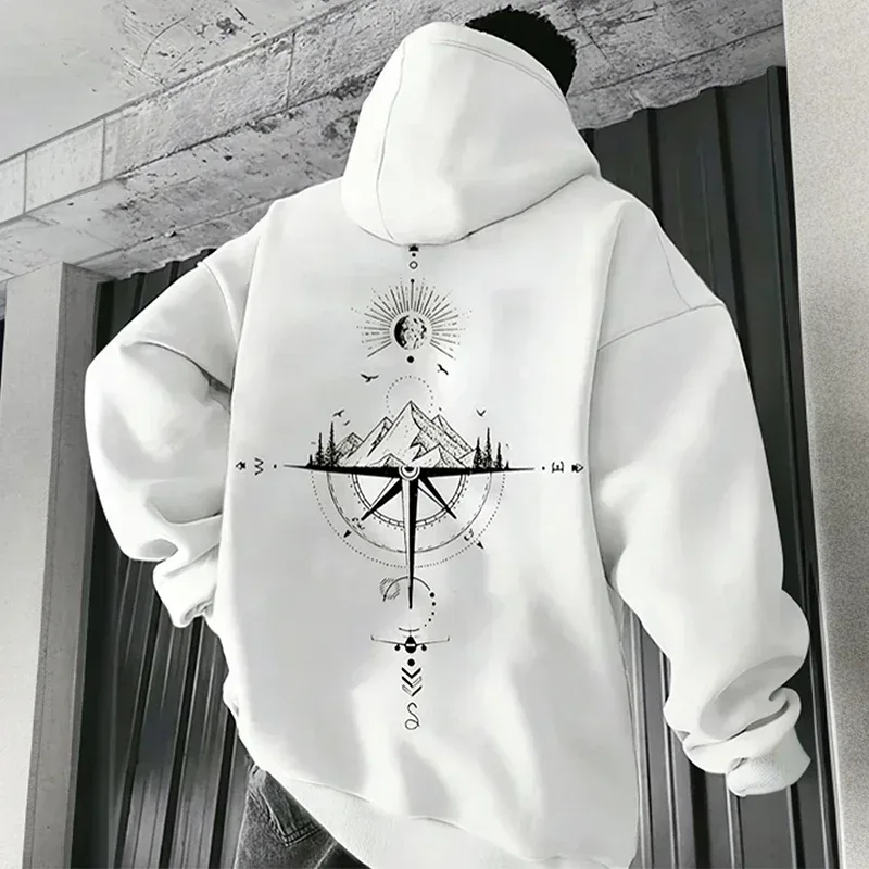 Vintage Compass Print Hoodies for Men High Quality Hooded Long Sleeve Pullover All Season Daily Casual Sports Tops Men's Clothes — image 3