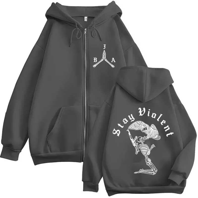 Stay Violent Brothers in Arms Skeleton Printed Zipper Hoodies Men Women Zip Up Hooded Sweatshirts Vintage Pullovers Jackets Coat