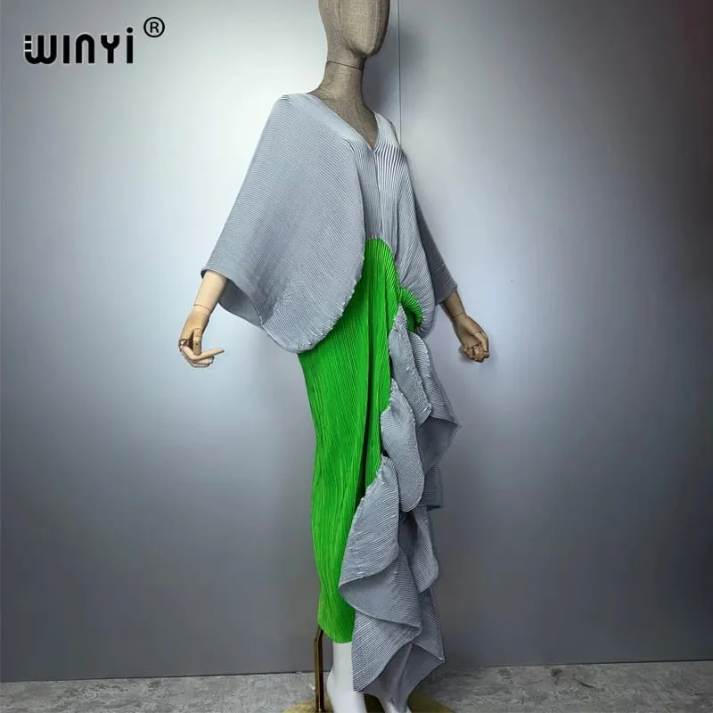 New Pleated Slim High-Fork Dress for Women Fashion Beach Cover-Up Muslim Kaftan Abaya Dubai Luxury Long Evening Gown