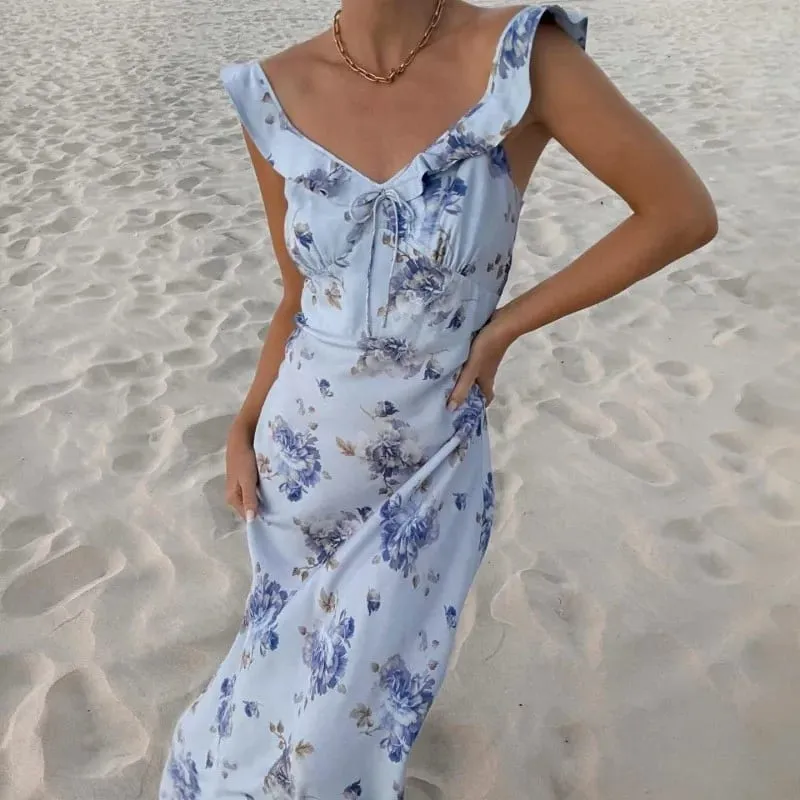 Summer Flower Printed Women's Sexy Low-cut Sleeveless Backless Slim Sling Ruffles Dresses 2026 Beach Vacation Lady Vestidos