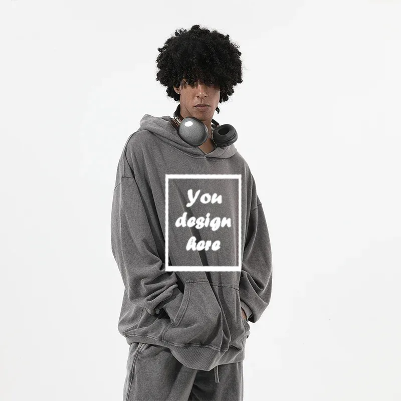 Men's personalized custom-printed washed vintage hooded warm sports wear thick 350 grams comfortable and warm.