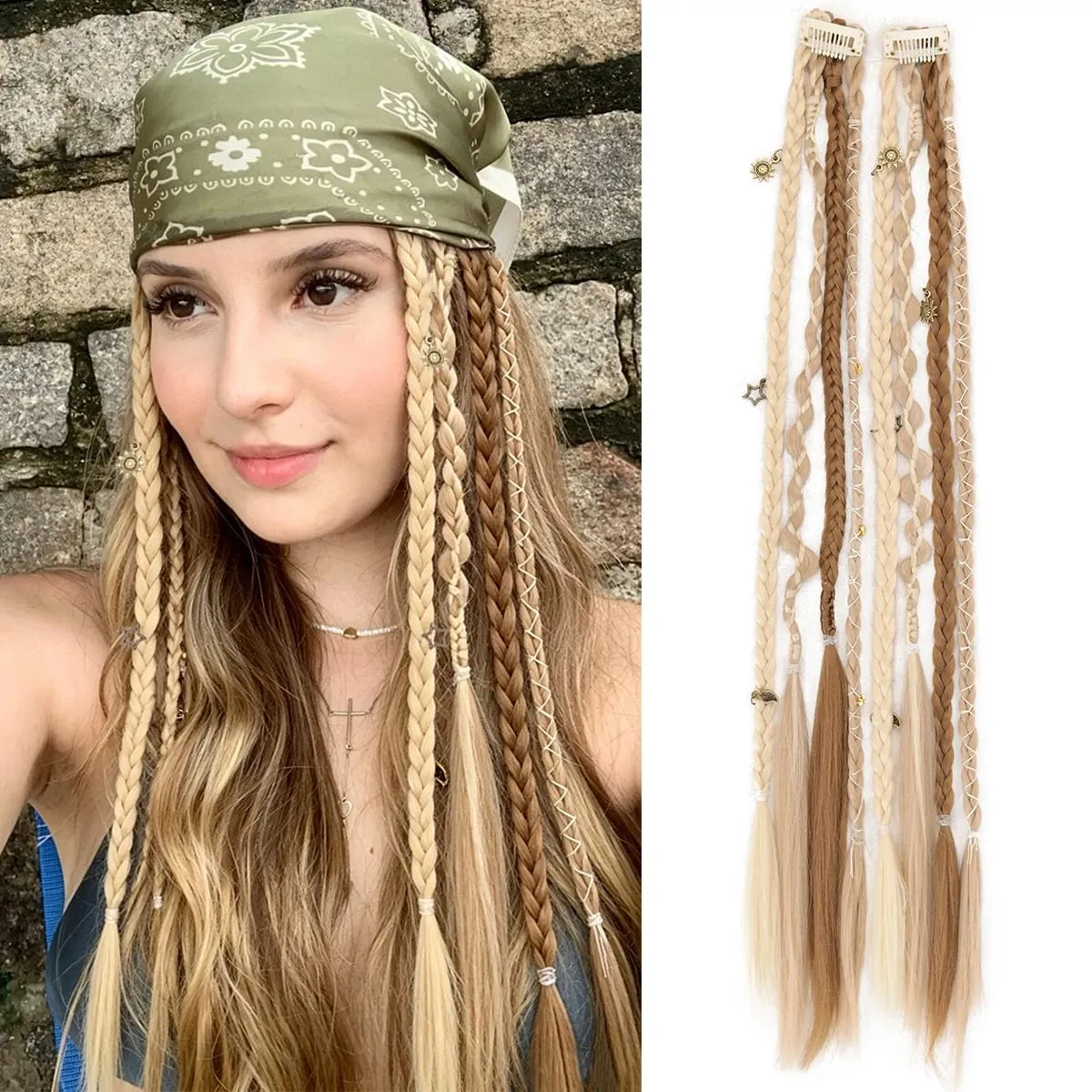 20 Inches Bohemia Clip in Hair Extensions Handmade Synthetic Weaving Clip-on Long Braid Fairy Hair Synthetic Hair Extensions