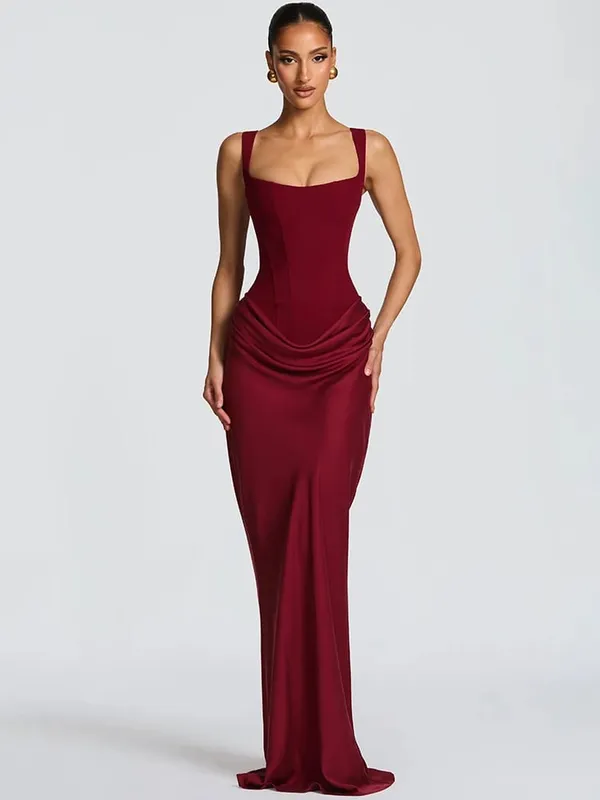 Mozision Backless Ruched Sexy Maxi Dress Women Elegant Square Collar Tapered Straps Sleeveless Bodycon Club Party Long Dress