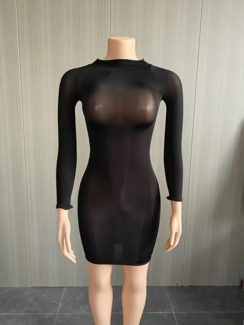 Oil Shiny Seamless Body Stockings Bodycon Mini Dress Women See Through O Neck Long Sleeve High Stretch Silky Glossy Clubwear