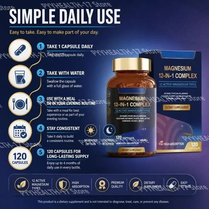 Magnesium 12-In-1 Complex Capsules 12 Active Magnesium Types High Absorption Glycinate Citrate Forms 120 Capsules