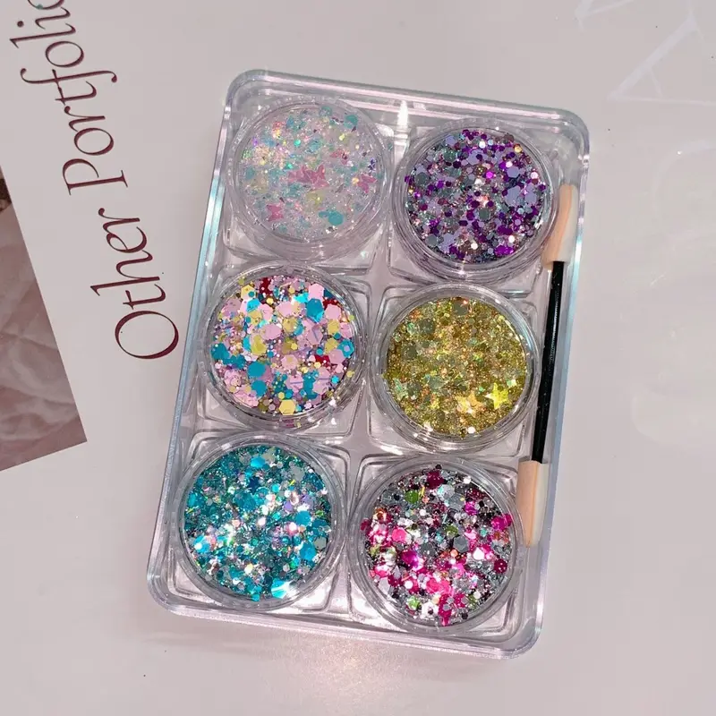 6Pcs/Set Sparkly Colorful Eye Glitter Gel Festival Glitter Face Hair Sequin Gel Cream Heart Star Moon Sequins