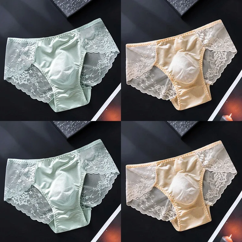 4PCS Sexy Transparent Men Lace Briefs Low Waist Thin Hollow Out Triangle Panties Male Seamless Exquisite Breathable Underwear