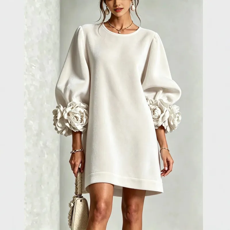 Autumn Winter Women Velvet Mini Dress O Neck Puff Long Sleeve 3D Flower Cuff Decor Loose Casual Hot Hit Fashion Short Dresses