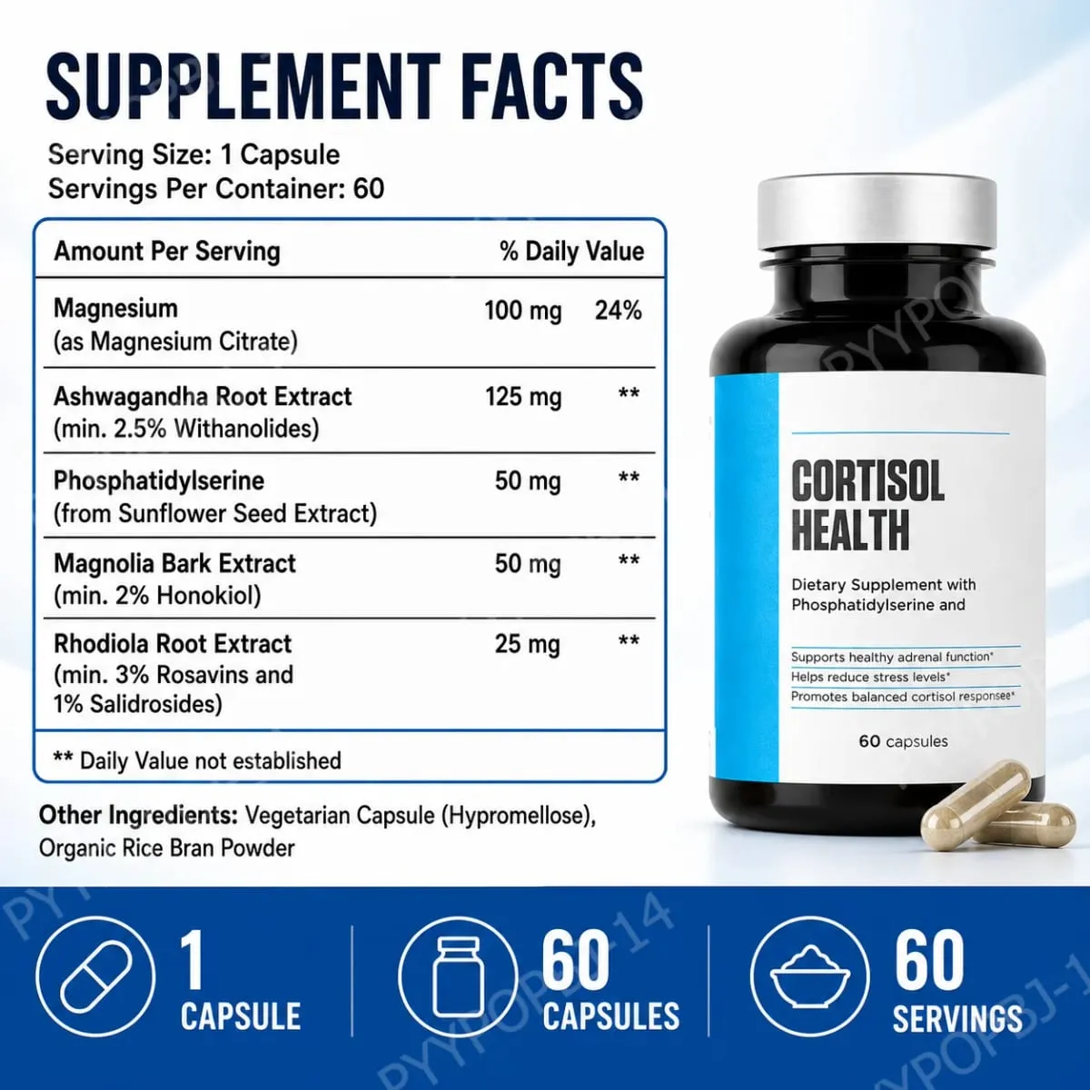Cortisol Health Capsules with Phosphatidylserine Magnesium 60 Capsules Non-GMO Daily Calm Sleep Support for Adults Men Women