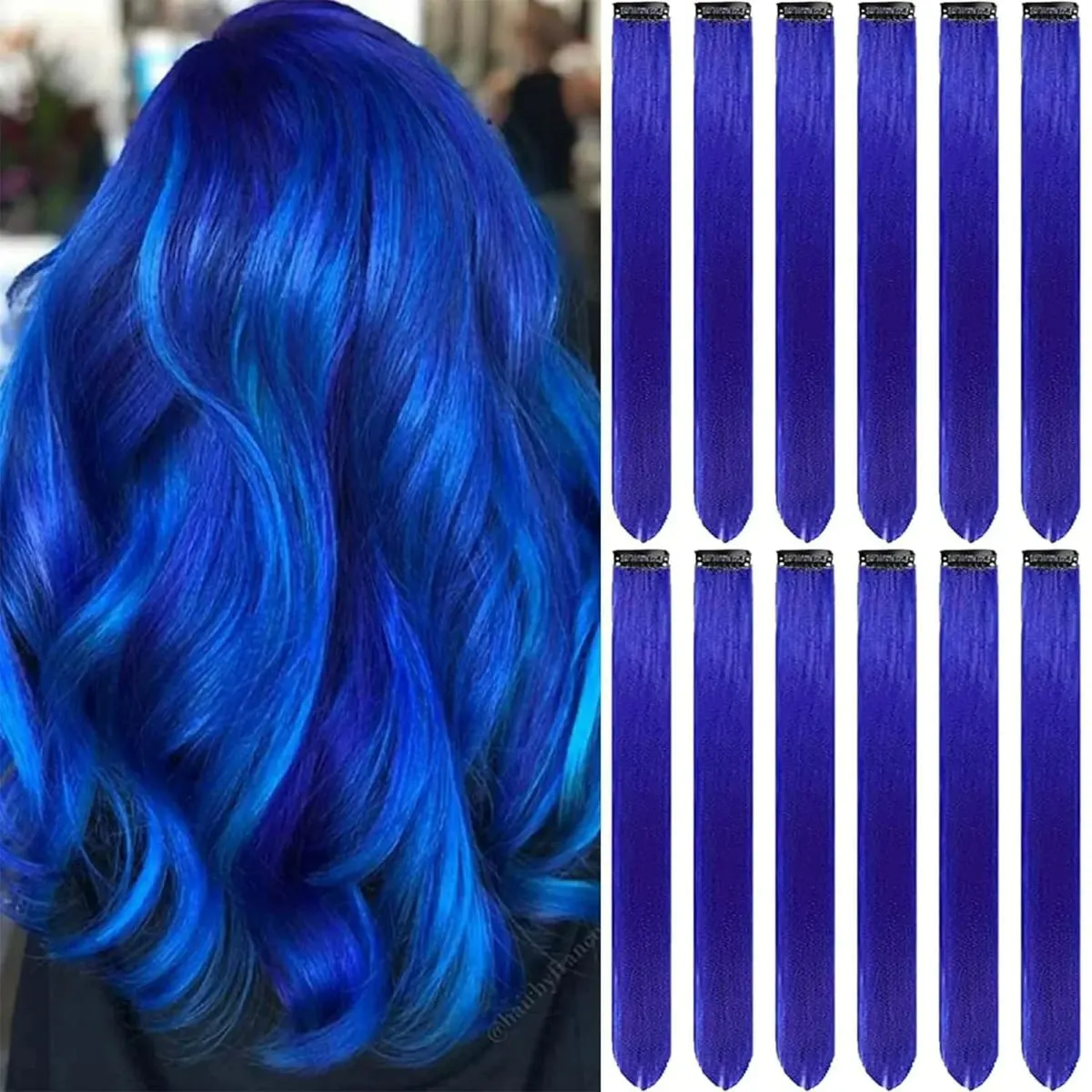 Clip in Hair Extensions Farvede Fest Highlights 22 tommer 6 stk/pakning Multi-farve Lige hår Syntetiske hårstykker Royal Blue — image 10