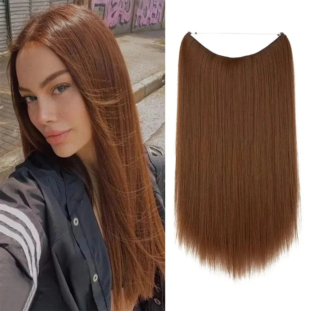 14 "-22" 120g Estensioni sintetiche dei capelli Halo con clip 27-613 Biondo ramato Marrone Fibra ad alta temperatura Pezzo di capelli finti spessi