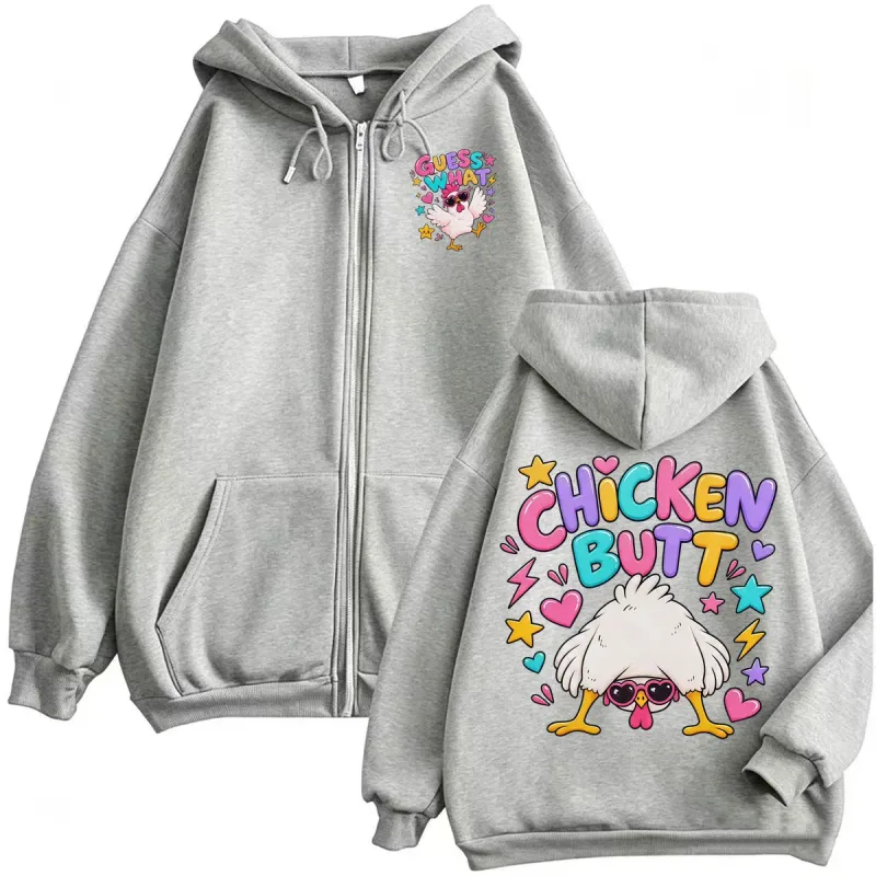 Guess What Chicken Butt Funny Cute Zip Up Hoodies Men Women Harajuku Cartoon SweatshirtS Jacket Coats High Quality Zipper Hoodie