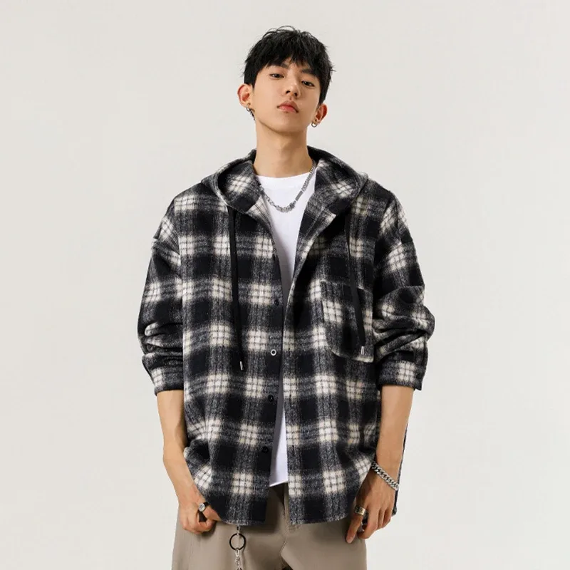 Y2K-Chaqueta holgadas de cuadros con capucha para hombre, cárdigan de talla grande a la moda, ropa de abrigo Vintage coreana, sudaderas con capucha de una botonadura