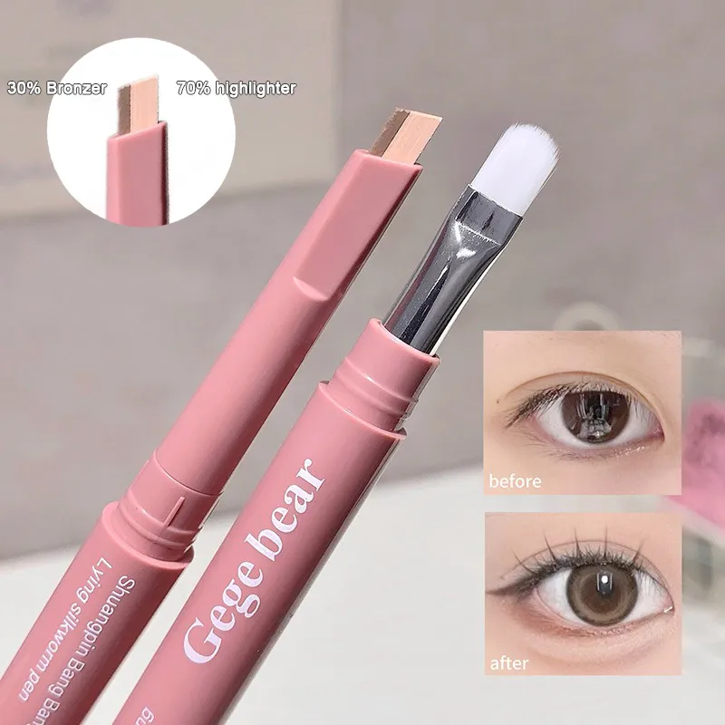 Double Ended Lying Silkworm Pencil 2 in1 Highlighter Nude Lower Eyelid Contour Aegyo-sal Eyeliner Makeup Stick with Detail Brush