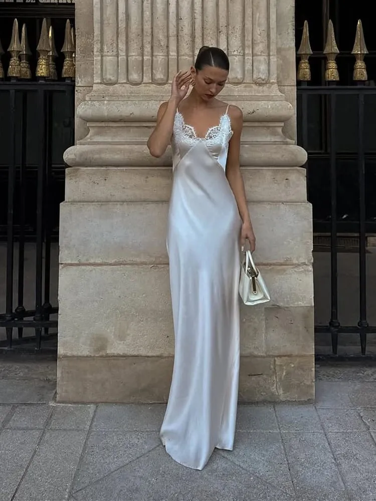 Sexy Satin Sling Maxi Dress Women V-neck Lace Patchwork Sleeveless Backless Slim Dresses 2026 Lady Chic Vacation White Robe