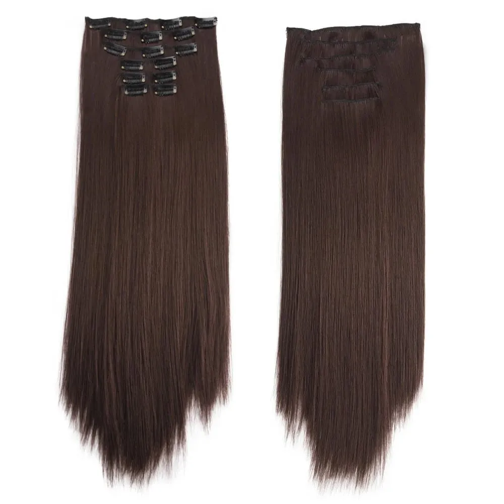 6PC Long Clip in Hair Extensions Brown Synthetic Straight Clip-in Hairpieces 24 inch Straight Hair Piece Extensions for Women