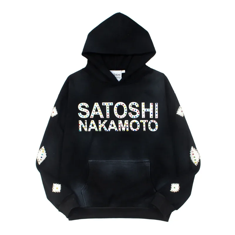 Hoodies Pullover 26ss Vintage Embroidery Leather Pattern Glittering Diamond Print Men's Hooded Hip Hop Style Sweatshirts