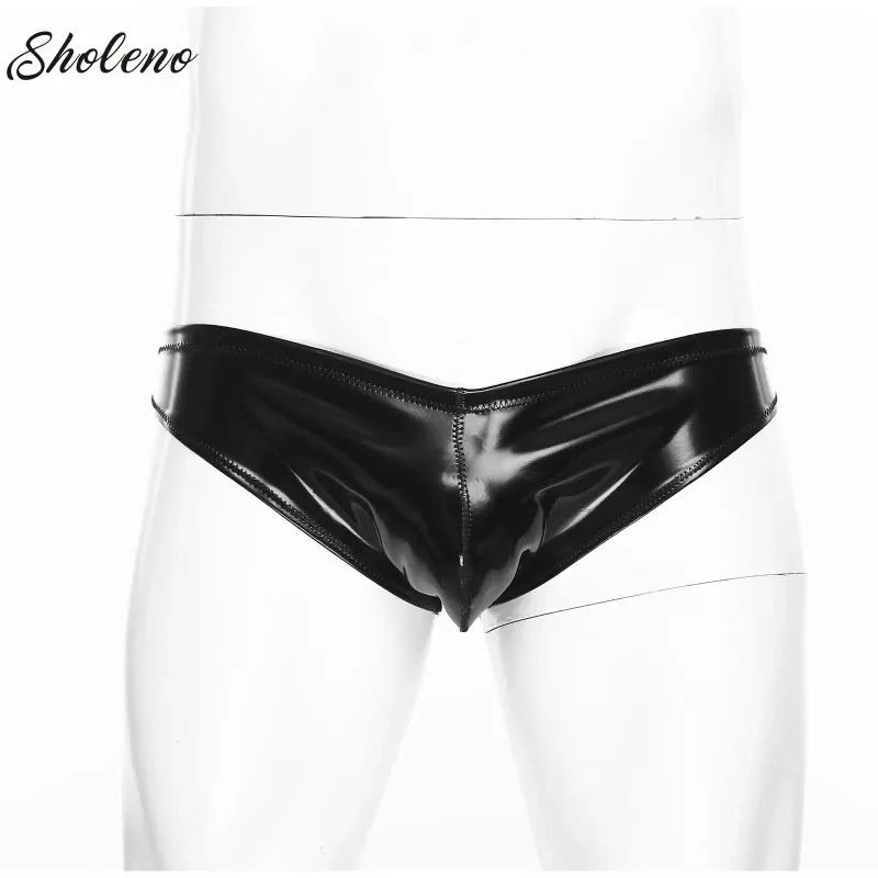 Mens Glossy Latex Briefs Patent Leather Panties Wet Look Bulge Pouch Boxer Briefs Shiny Swimwear Underpants Underwear Lingerie