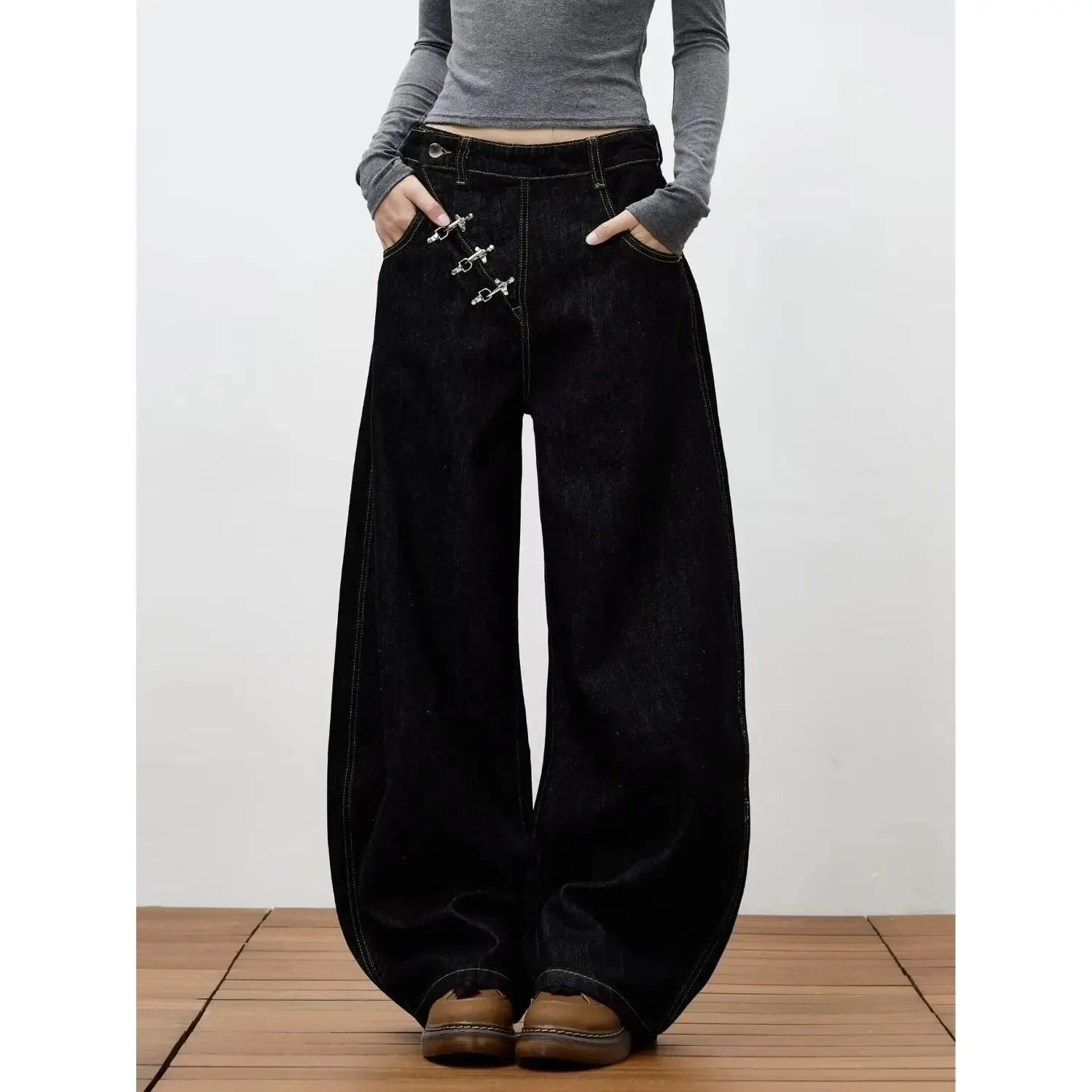 Retro Y2K button-fly loose jeans unisex trendy casual wide-leg jeans high-street loose pants American street style fashion — image 4