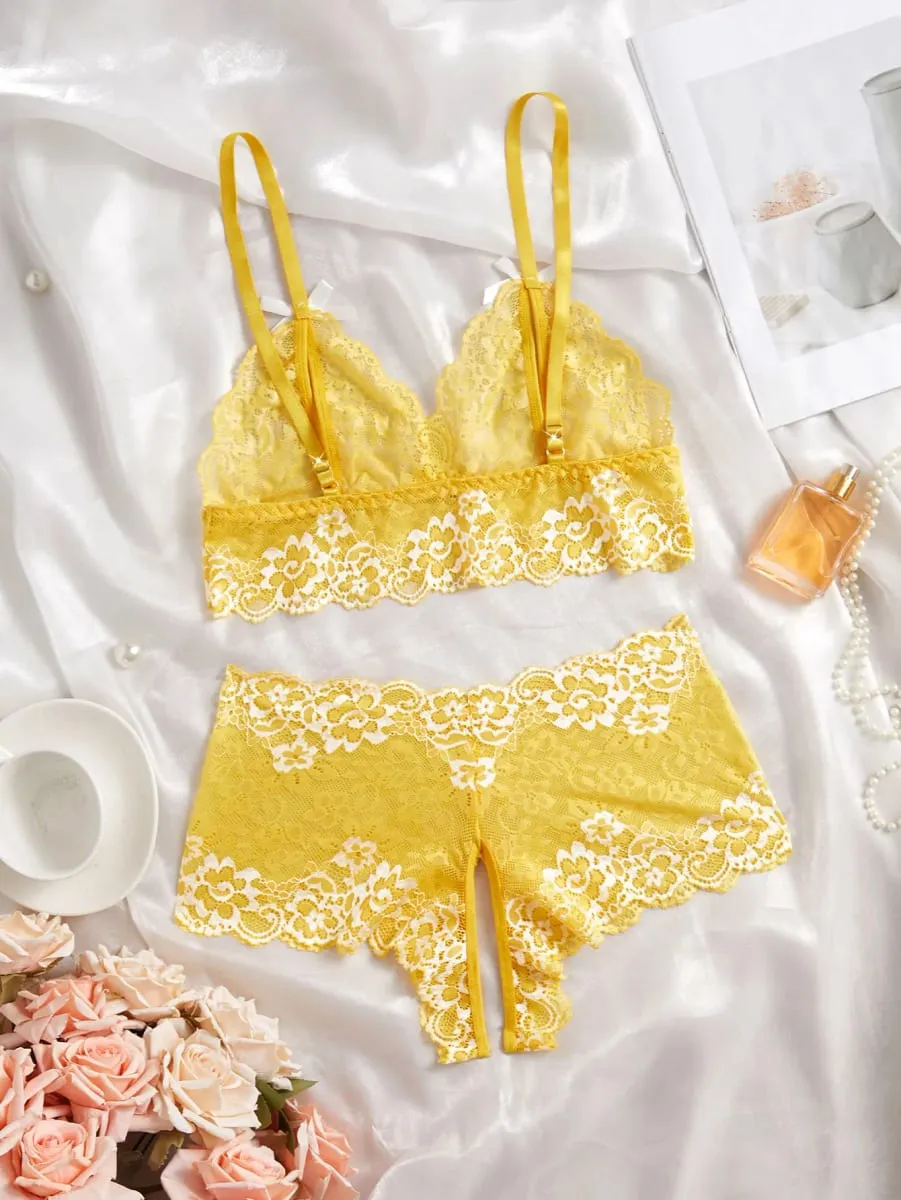 Sexy Lingerie Set Women Lace Bra And Panty See Through Floral Embroidery Bralette Transparent Erotic Underwear Bow Nightwear