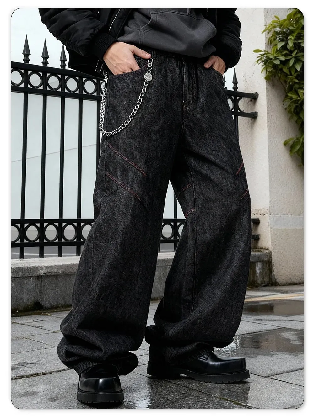 Four Seasons American Retro Men's Black Baggy Wide Leg Jeans Basic Business Casual Loose Denim Pants Unisex Street Jeans