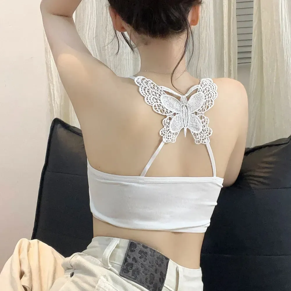 Flattering Slim Crop Top Women Lace Butterfly Back Cami Top Padded Built Bra Spaghetti Strap Sleeveless Tank Inner Underwear