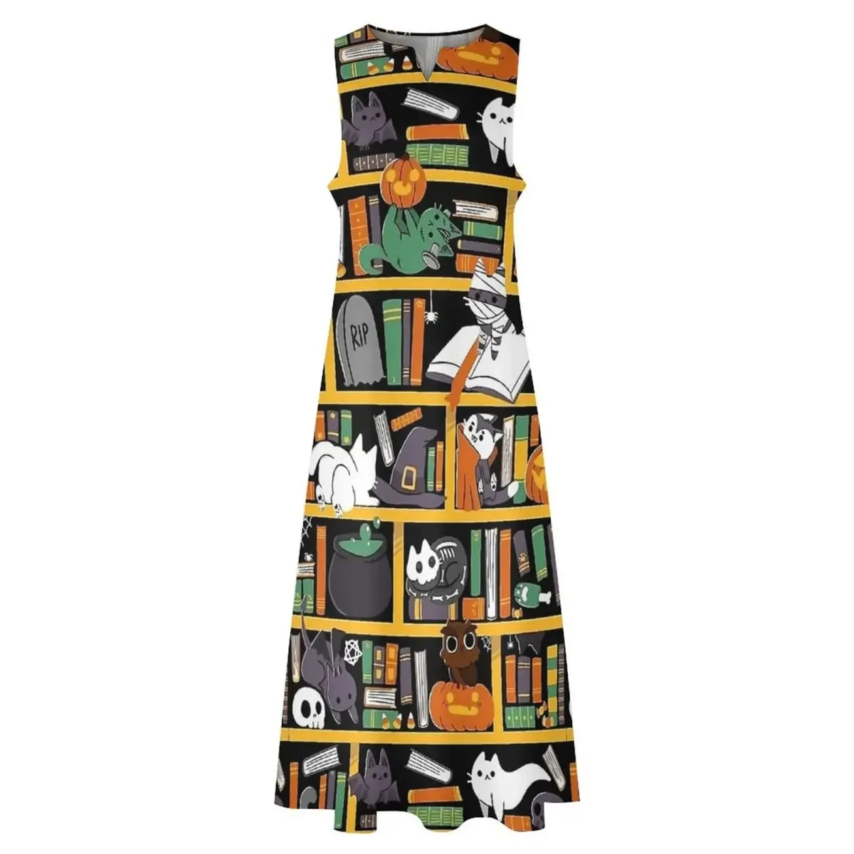 Halloween könyvtár macska ruha nyári utcai divat alkalmi ujjatlan v-nyakú hosszú ruhák női grafikus modern maxi ruha 3XL köntös