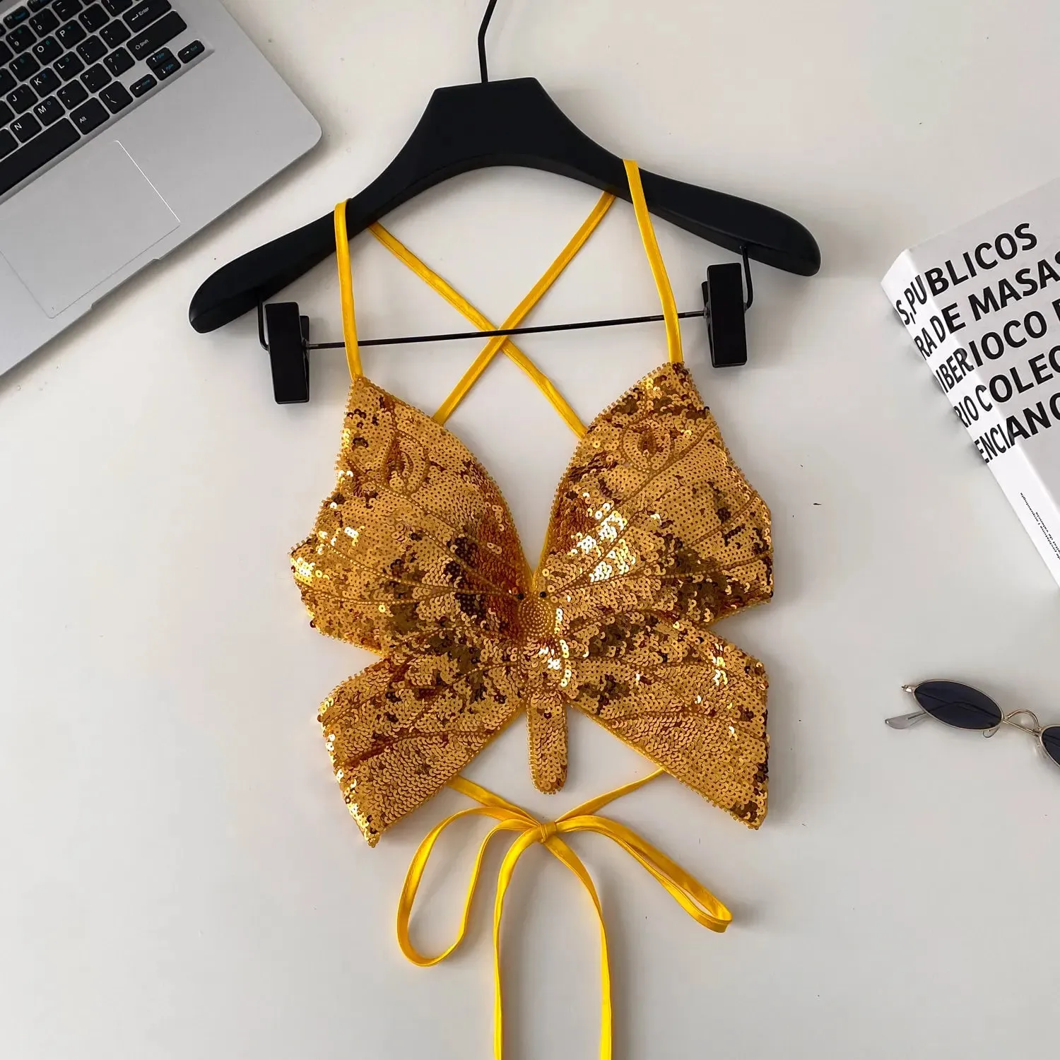 Chic Criss‑cross Backless Sequin Bow Camis Spaghetti Strap Tank Top Sexy Fashion Y2K Hot Girl Summer Crop Top