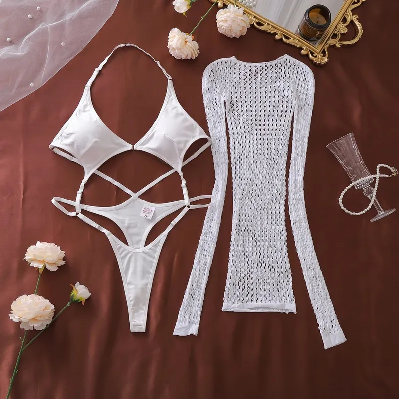2026 Fashionable and Sexy Spicy Girl Hanging Neck jumpsuit with Fishing Net Sexy Body Shaping Bag Hip Skirt