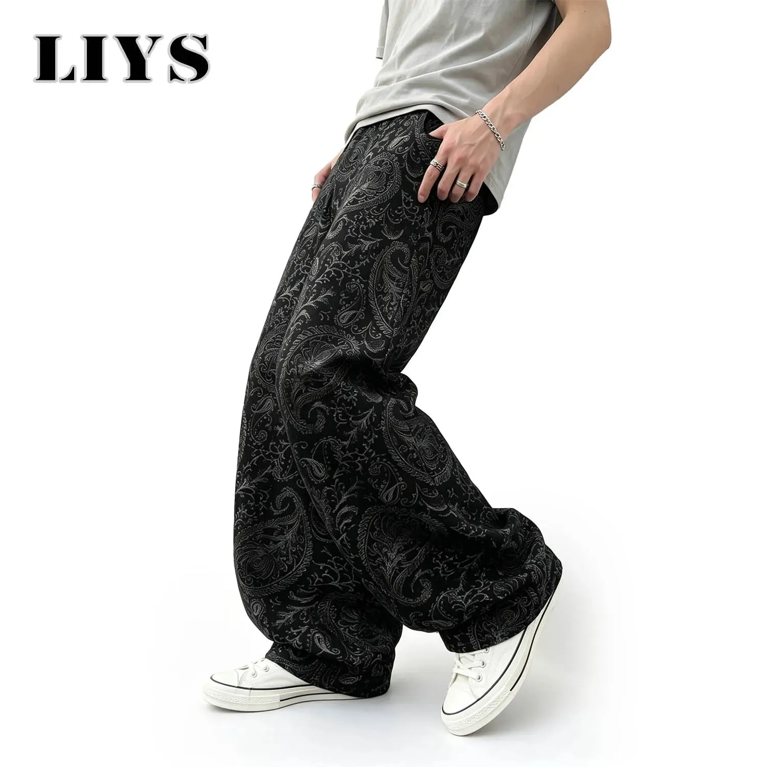 Men's American Trendy Brand Dark Cashew Flower Full Print Jeans Loose Oversize High Street Loose Straight Tube Casual