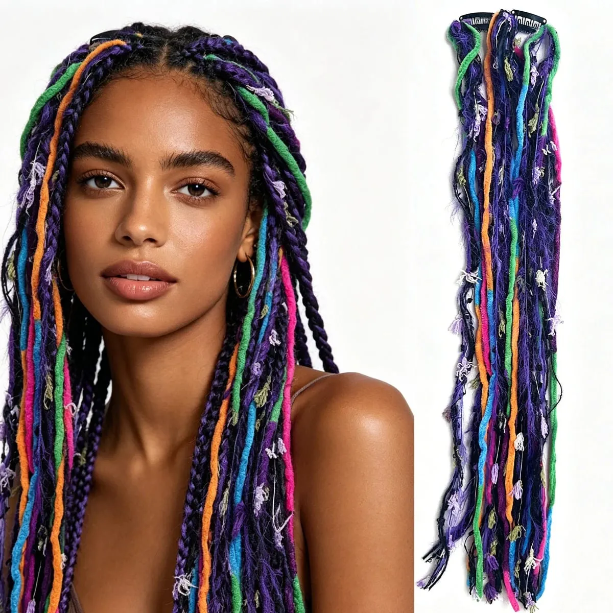 Synthetic 2Pcs Wool Yarn Dreadlock Clip Hair Extensions Maillard Long Boho Tassel Colored Vintage Braids Hair For Woman