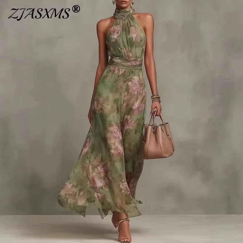 Elegant Halter Off Shoulder Hollow Party Dresses Woman Spring Floral Print Chiffon Long Dress Boho Sleeveless Summer Beach Dress
