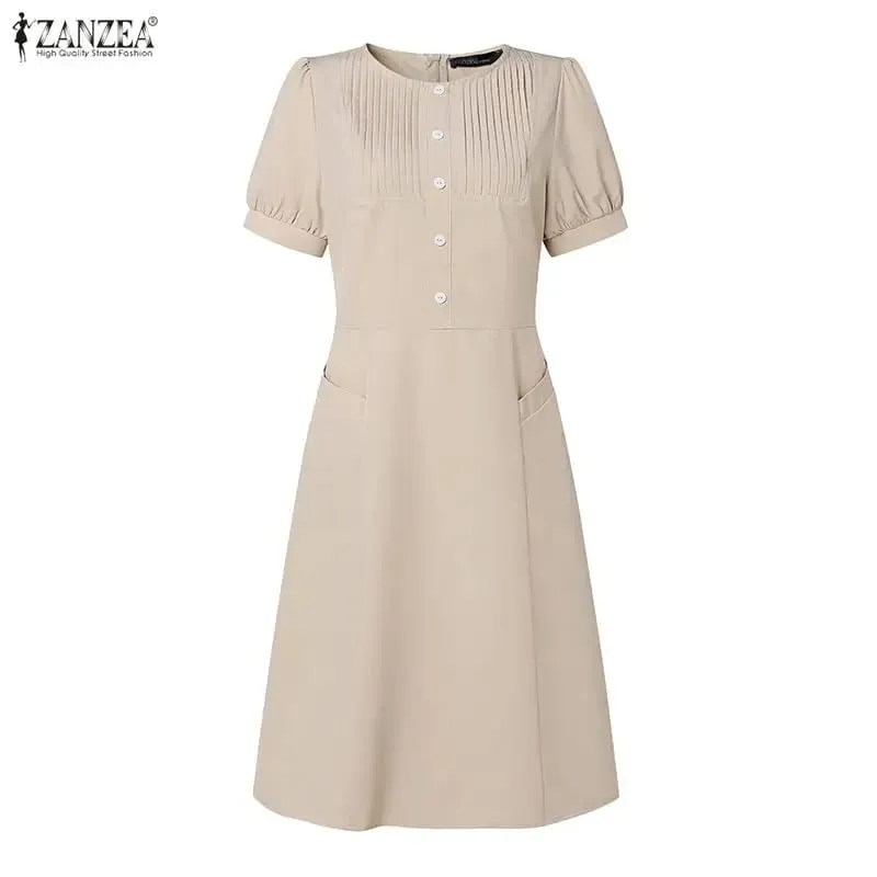 Summer Pleated Women Dress Fashion ZANZEA Solid Vestidos Short Sleeve Sundress OL Work Streetwear Party Knee Length Dresses