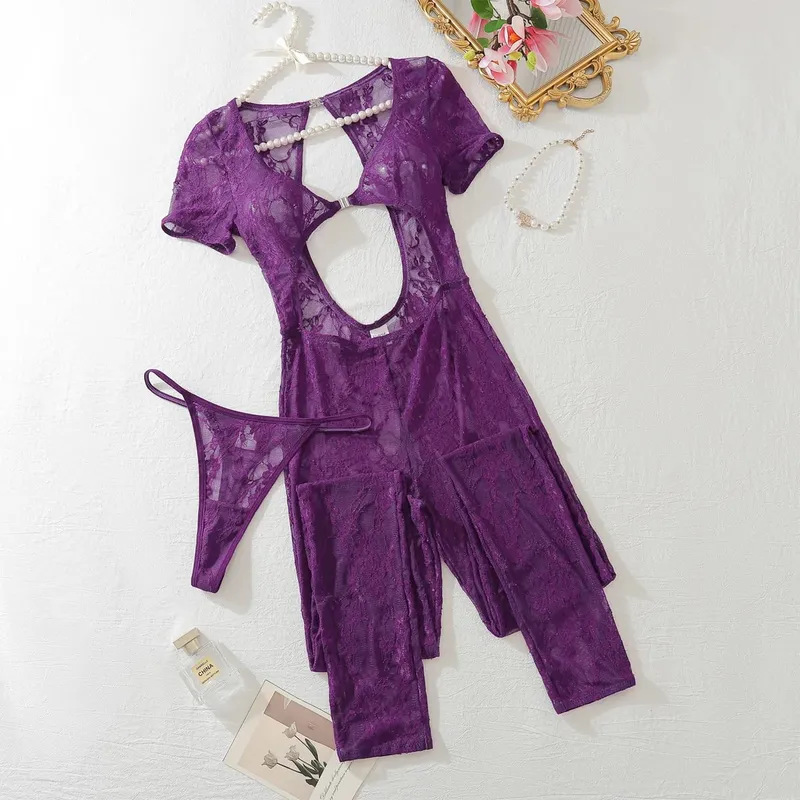 2026 Sexy Lace deep V-jumpsuit Women's Fashionable Backless See Through High Waisted Jumpsuit