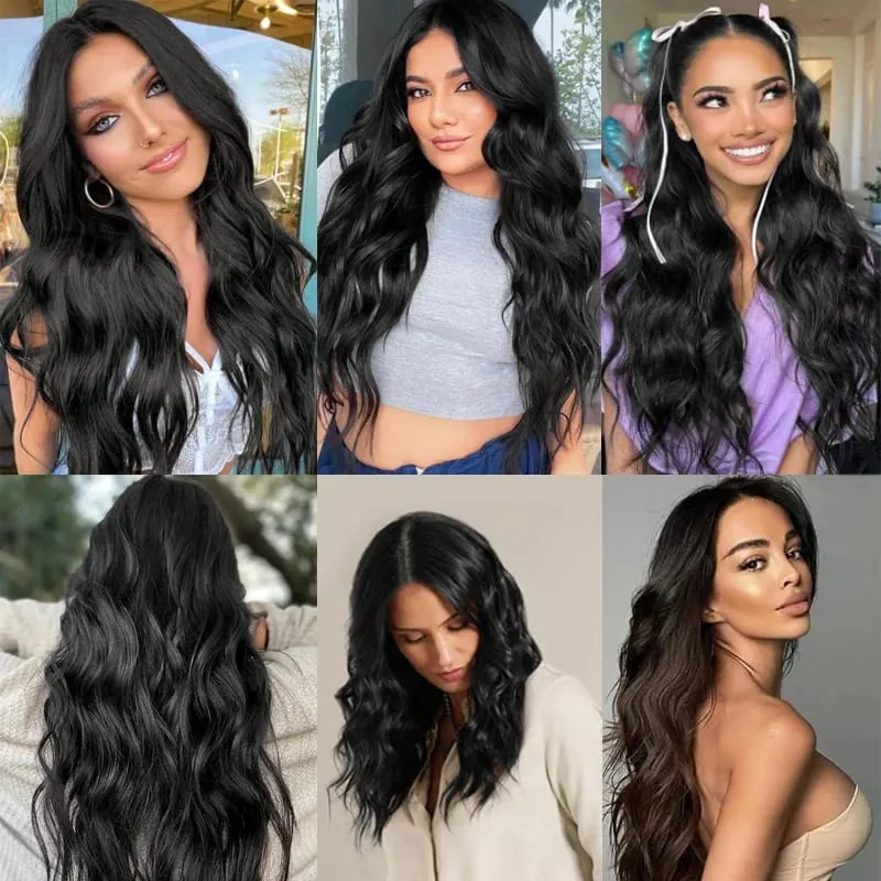 Clip in Hair Extensions 4PCS Synthetic Black Thick Hair Piece 24 Inches Long Wavy Clip in Extensions