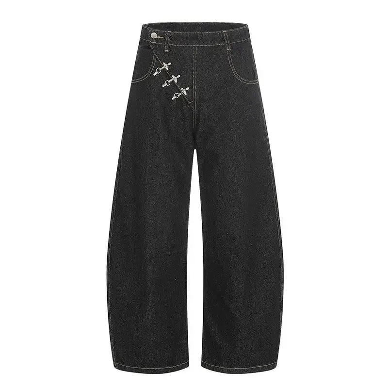 High Retro Hip Hop Wide Leg Raw Denim Jeans Women Airplane Buckle Design Curved Hem Floor Length Jeans Streetwear Daily Clothes