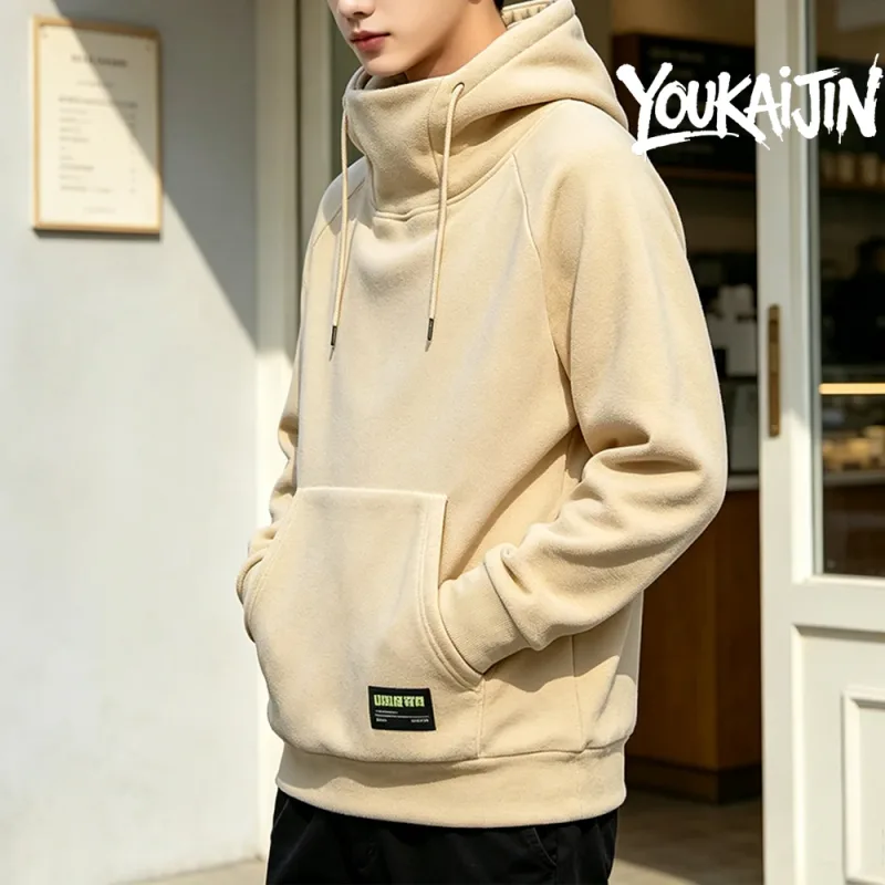 Men's Polar Fleece Sweatshirt Solid Color Street Style Autumn Winter Hood Sports Windproof Oversized High Collar Hoodie 5XL