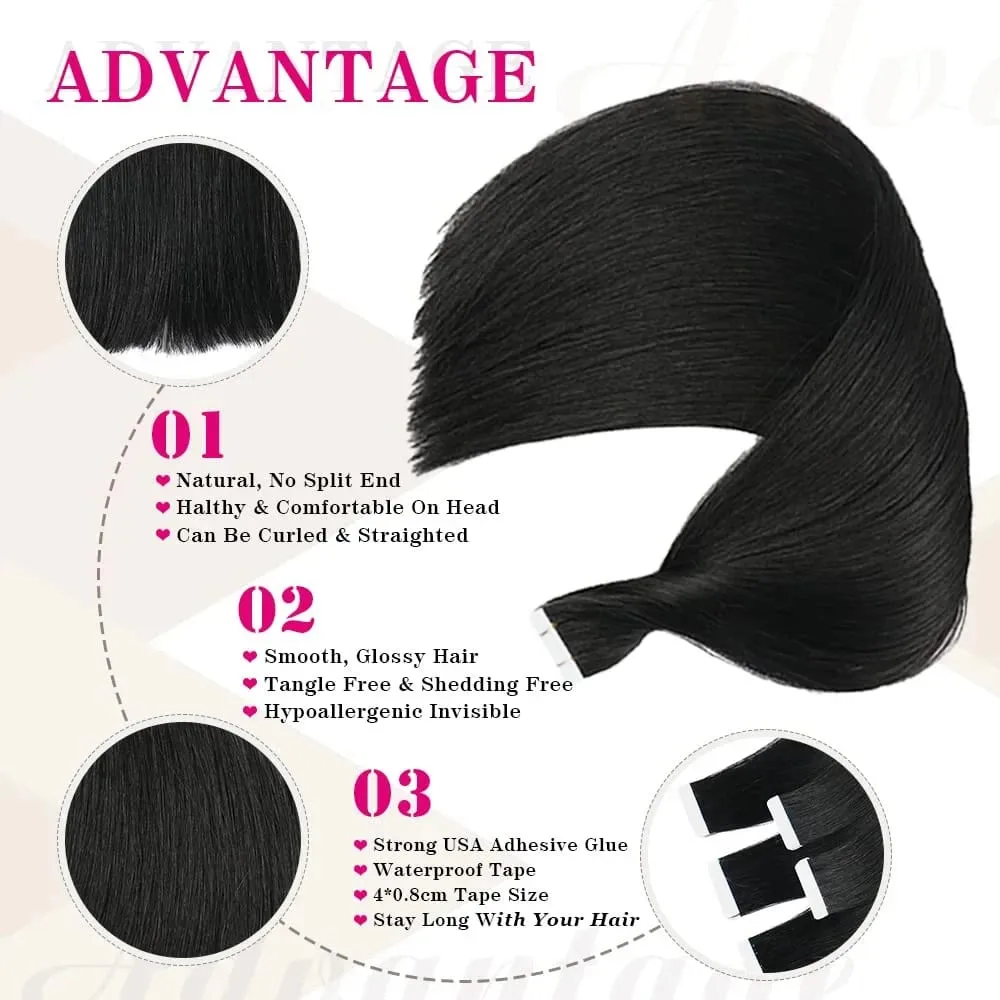 Tape In Hair Extensions Human Hair Natural Black Real Human Hair 20Pcs 50G/Pack Straight Seamless Skin Weft Tape Hair Extensions