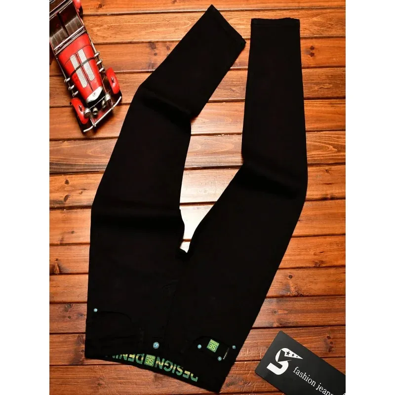 2025Autumn Fashion Simple Black Jeans for Men Trendy Embroidery Print Design Korean Style Stretch Slim Fit Skinny Pants