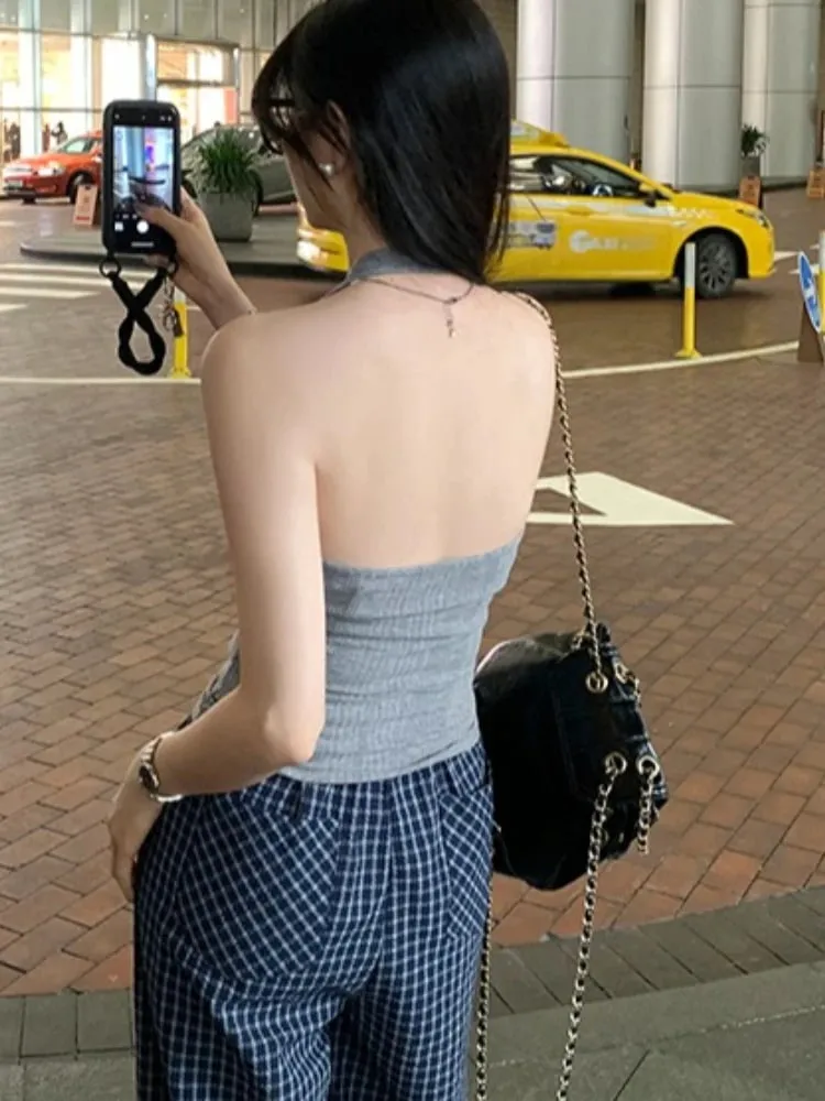 2026 Summer New Outer Wear Tank Top Spice Girl Style Halter Cross V Neck Women Camisole Korean Style Solid Color Crop Top