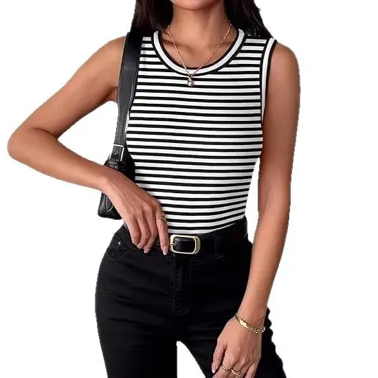 Women Striped Ribbed Tank Top 2026 Summer Casual Sleeveless Round Neck Slim Fit Vest Female Daily Streetwear Basic Undershirt
