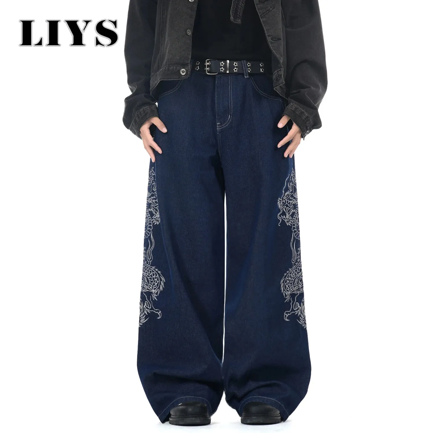 New Men's Blue Baggy Dragon Embroidered Wide Leg Jeans Spring Summer Classic Blue Baggy Washed Denim Pants Unisex Clothing
