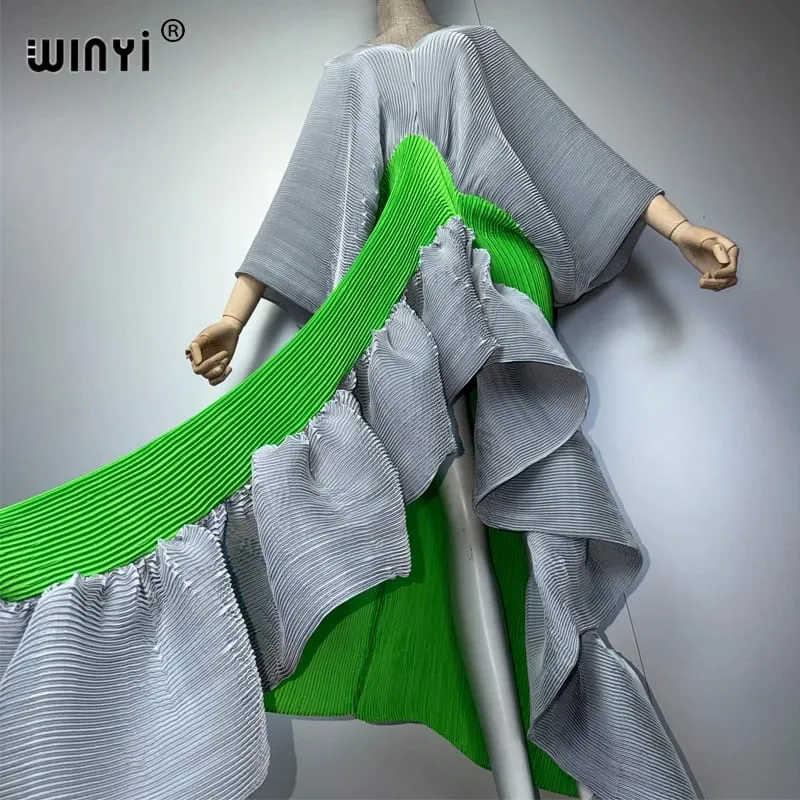 New Pleated Slim High-Fork Dress for Women Fashion Beach Cover-Up Muslim Kaftan Abaya Dubai Luxury Long Evening Gown