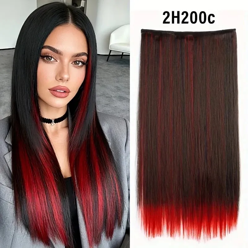Synthetic 24Inch Long Straight 5 Clips Colorful Highlight Hair Extension Natural Soft Silky Hairpiece for Women Daily Use