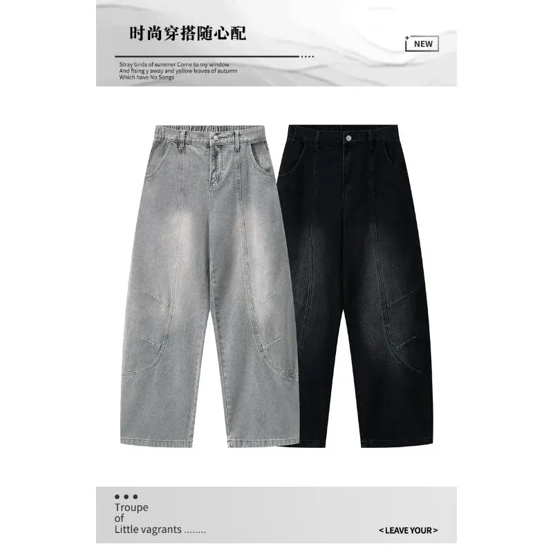 American High Street Curved Wide Leg Jeans For Men Vintage Grey Draped Loose Hip Hop Designer Bottoms