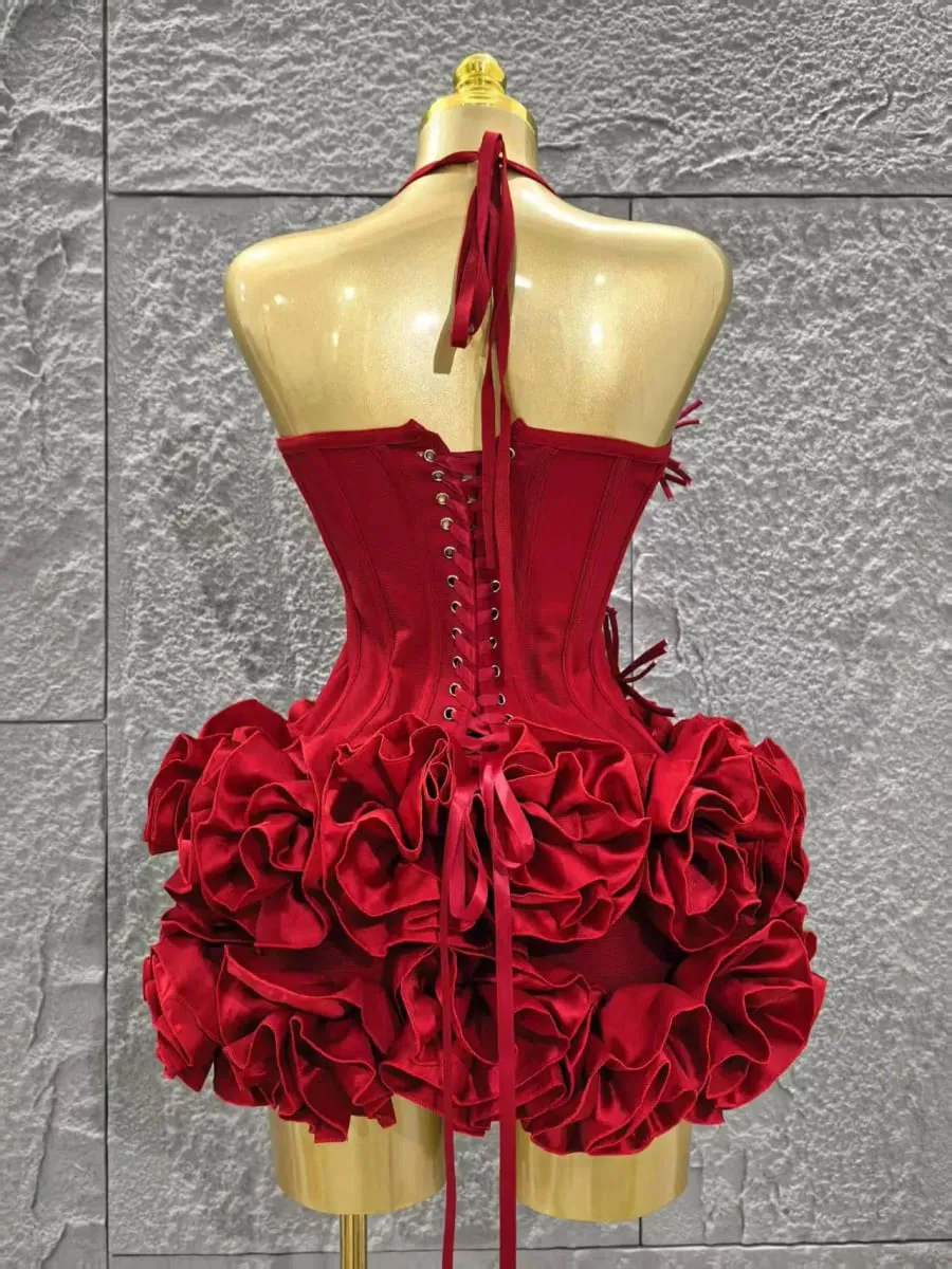Elegant Skinny Luxury Birthday Party Red Black Bandage Outfit Women Sexy Halter Prom Gown Celebrity Club Two Piece Set Cocktail