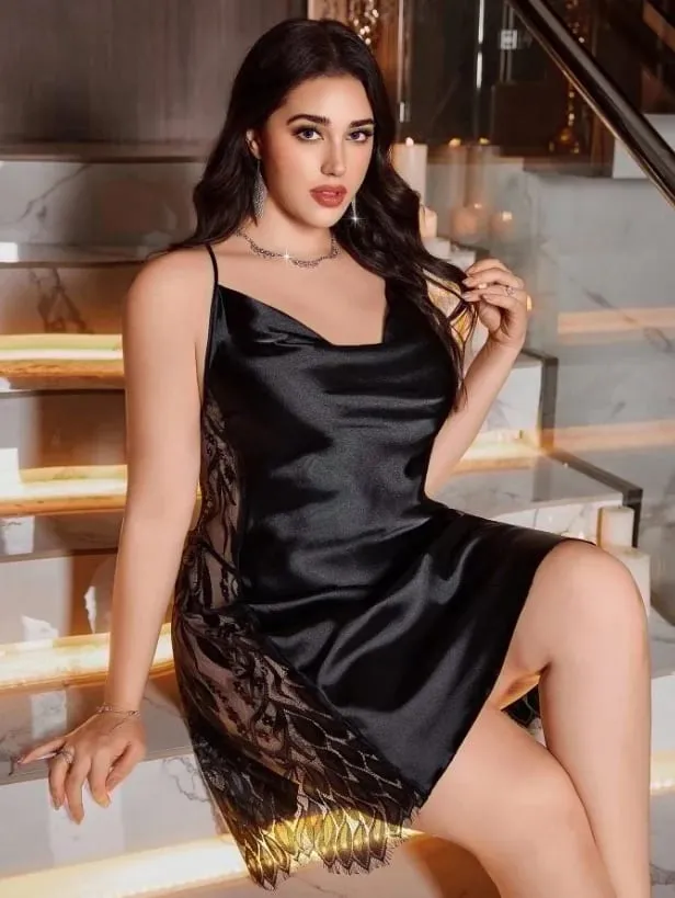 Women's Glossy Black Satin Nightgown Cowl Neck Thin Spaghetti Straps Side Leaf Lace Panel Plus Size Luxurious Home Short Sleep